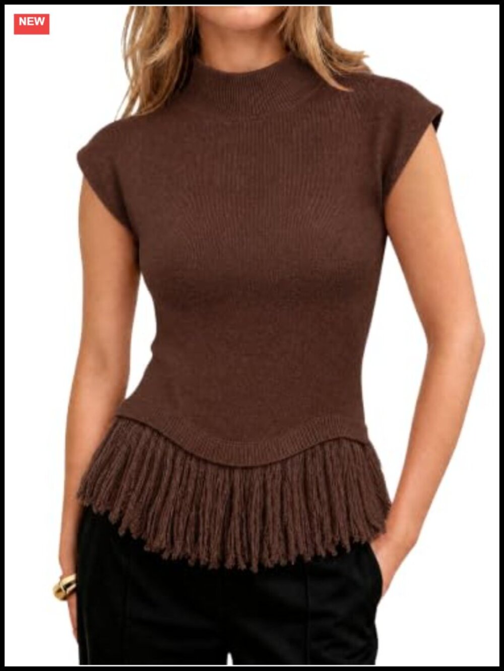 Women's Knit Sweater Vest Fringe Mock Neck Cap Sleeve